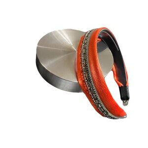Orange Satin Padded Headband Rhinestone Crystal Embellished Black Grip Hairband